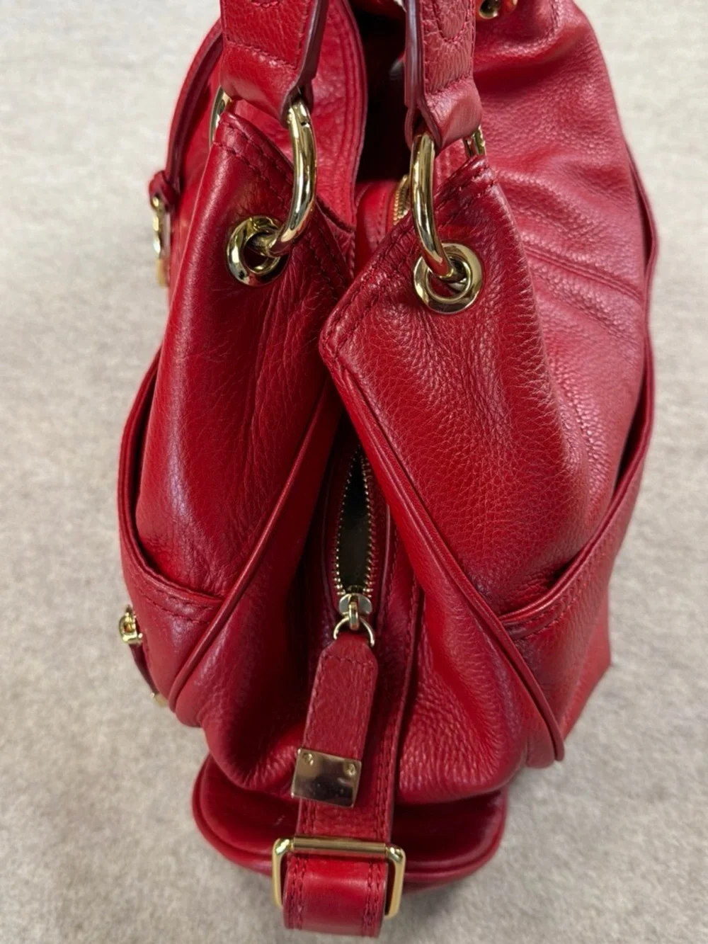 Michael Kors Red Pebbled Leather Shoulder Tote with Gold Hardware